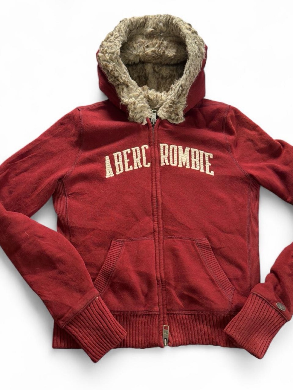 Vintage y2k Abercrombie & Fitch Red Zip-Up Hoodie with Cream Fur Hood